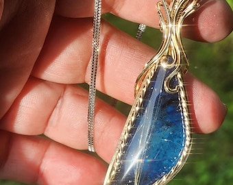 Rutilated Quartz on Sodalite Doublet Pendant, Gold Fill Wire Wrapped Necklace, Blue Statement Pendant, Handmade Artisan Jewelry