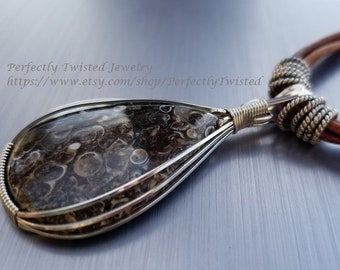 Fossil Turritella Agate Silver & vLeather Wire Wrapped Pendant Necklace Handmade Wire Wrapped Jewelry, Perfectly Twisted Wire Wrap Jewelry