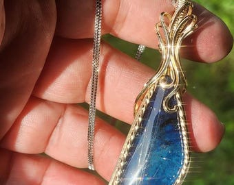 Rutilated Quartz on Sodalite Doublet Pendant, Gold Fill Wire Wrapped Necklace, Blue Statement Pendant, Handmade Artisan Jewelry