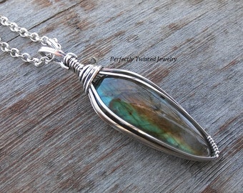 Labradorite and Sterling Silver Wire Wrapped Pendant, Handmade Jewelry, Perfectly Twisted Jewelry