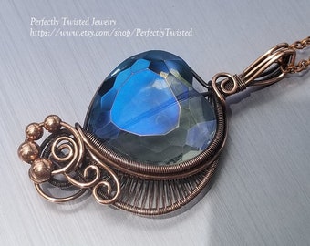 Wire Weaved Copper and Glass Heart Crystal Pendant, Handmade Wire Wrapped Jewelry by Perfectly Twisted Jewelry, Weaved Fantasy Bling Pendant