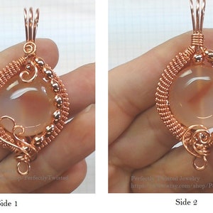 May include: A copper wire wrapped pendant with a round, translucent agate stone. The pendant has a copper bail and a copper wire loop at the bottom. The pendant is shown from two different angles.