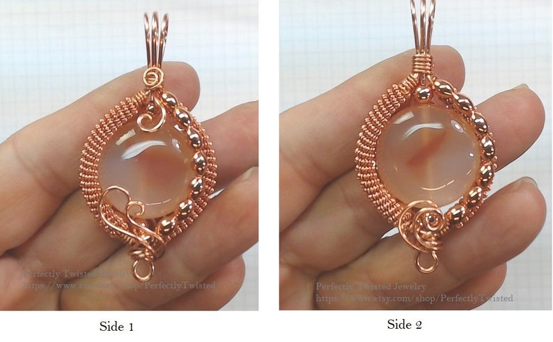 May include: A copper wire wrapped pendant with a round, translucent agate stone. The pendant has a copper bail and a copper wire loop at the bottom. The pendant is shown from two different angles.