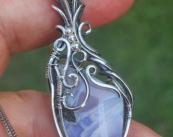 Lavender Agate Pendant Necklace, Sterling Silver Wire Weave, Lavender Stone Pendant, Oxidized Silver, 18 Inch Chain
