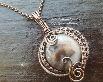 Wire Weaved Copper and Jasper Pendant, Handmade Wire Wrapped Jewelry by Perfectly Twisted Jewelry, Wire Weaved Fantasy Pendant Necklace