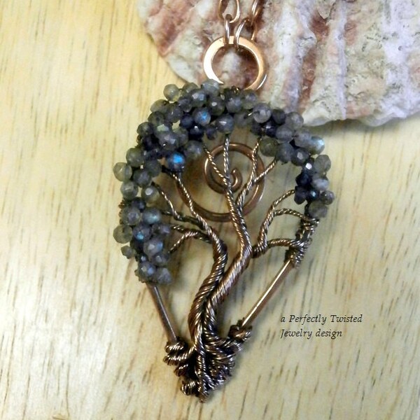 Wire Wrapped Mystic Tree of Life Pendant, Labradorite & Iolite Faceted Gemstones, Handmade, Antiqued Copper Wire