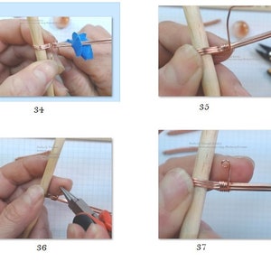 May include: A close-up of a copper wire being wrapped around a wooden dowel. The wire is being held in place with a blue rubber band. The wire is being wrapped around the dowel to create a loop.