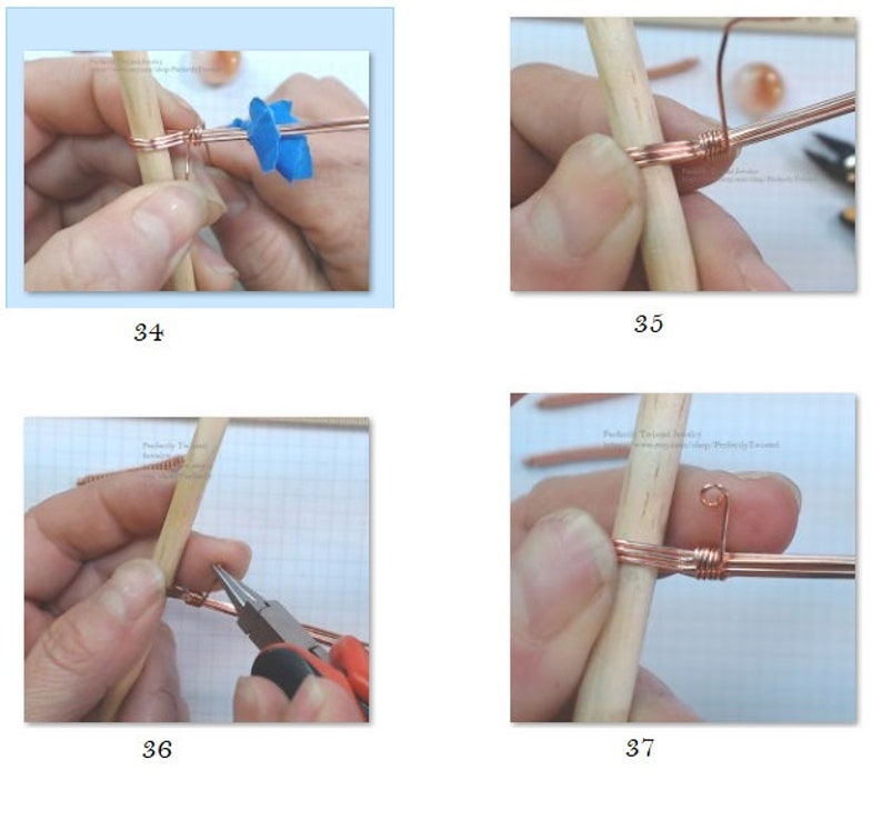 May include: A close-up of a copper wire being wrapped around a wooden dowel. The wire is being held in place with a blue rubber band. The wire is being wrapped around the dowel to create a loop.