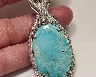 Cripple Creek Turquoise Pendant with Ethiopian Opal Accent – Sterling Silver Wire Wrapped Necklace