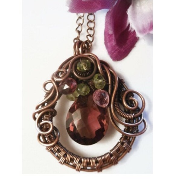 Wire Wrapped Pendant, Copper Necklace, Beaded Gemstones, AAA, Plum, Crystal Quartz, Briolette, Peridot, Spinel, Handmade, Wire Jewelry