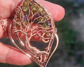 Wire Wrapped Tree of Life Pendant: Amethyst & Peridot Copper Necklace