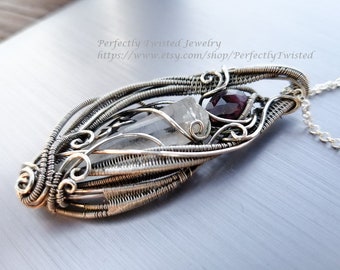 Wire Weaved Sterling Silver Crystal and Red Garnet Flame Wire Wrapped Pendant Necklace Handmade Wire Wrap Jewelry Perfectly Twisted Jewelry