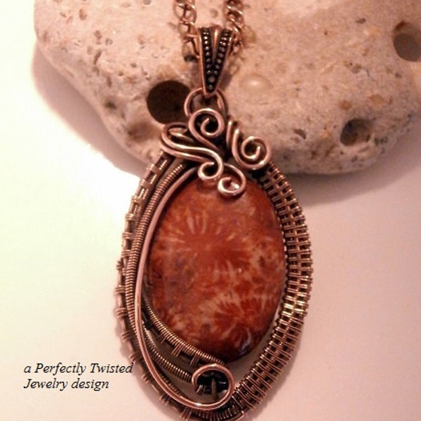 RESERVED: Wire Wrapped Pendant Necklace, Fossil Coral, Antiqued Copper Wire Jewelry, Handmade Wire Weaved Jewelry