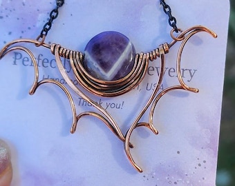 Copper Bat Necklace: Amethyst Wire Wrapped Goth Pendant