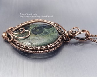 Wire Weaved Copper and Green Jasper Pendant, Handmade Wire Wrapped Jewelry by Perfectly Twisted Jewelry, Copper Wire Weaved Jasper Necklace