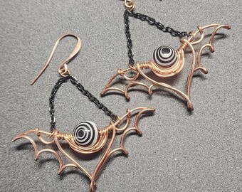 Copper Bat Earrings: Gothic Wire Wrapped Vortex Bead Dangles