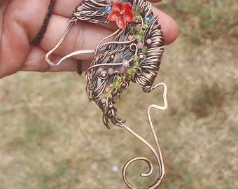 Stella Seahorse Pendant, Wire Wrapped Copper Seahorse Necklace, Peridot Crystal Fantasy Jewelry, One of a Kind Ocean Pendant