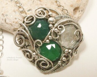 Wire Wrapped Pendant Necklace, Sterling Silver Wire Weaved Green Onxy, Clear Crystal Briolette Gemstones Handmade Perfectly Twisted Jewelry