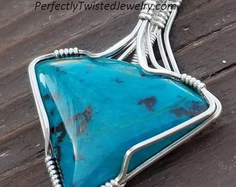 Chrysocolla Sterling Silver Wire Wrapped Designer Cabochon Pendant Handmade Jewelry