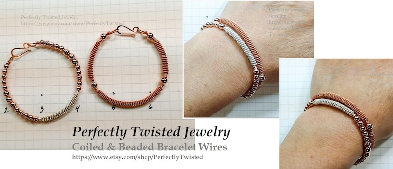 May include: Two bracelets made with coiled copper wire and silver beads. The bracelets are shown on a person's wrist. The text "Perfectly Twisted Jewelry Coiled & Beaded Bracelet Wires https://www.etsy.com/shop/Perfectly Twisted" is shown below the image.