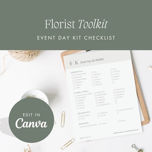 Könnte beinhalten: Ein Klemmbrett mit einer Checkliste "Event Day Kit Checklist" für Floristen. Der Text "Florist Toolkit" steht oben. Das Bild enthält eine Garnkugel, eine kleine Schale mit goldenen Büroklammern und den Text "Edit in Canva".