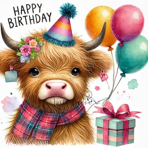 Imágenes de feliz cumpleaños de vaca de las Highlands, paquete 16, PNG de cumpleaños, clipart de acuarela de vaca de las Highlands, creación de tarjetas con vaca de las Highlands. Descarga instantánea