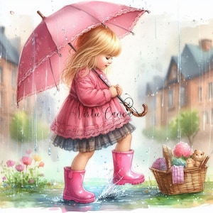 Bambina che gioca sotto la pioggia Clipart, Ragazza acquerello 10 PNG, Pioggia PNG, Ragazza Clipart, Acqua Clipart, Diario spazzatura, Download immediato