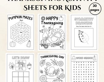 May include: Thanksgiving activity sheets for kids. The sheets include pumpkin mazes, drawing activities, symmetry drawing, and word searches. The pages feature Thanksgiving-themed illustrations of pumpkins, turkeys, and fall leaves. The text on the cover says "30 pages".