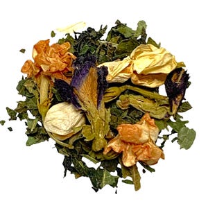 May include: A mix of dried green leaves, purple and white flowers, and orange flowers. This is a blend of herbal tea.