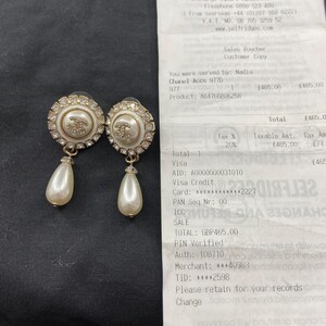 Vintage Chanel Gold Pearl & Rhinestone dangle earrings with copy of receipt