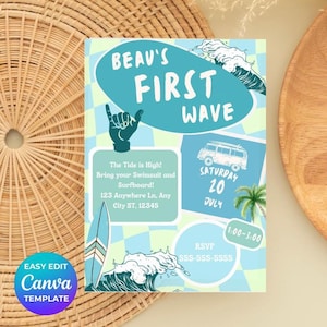 May include: A blue and green invitation with a surfboard, wave, and a vintage van. The text reads "BEAV'S FIRST WAVE" and includes the date "SATURDAY 20 JULY" and the time "1:00-3:00".