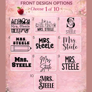 May include: A pink background displays ten design options for a product. Each design features the name "Mrs. Steele" in various fonts and styles. Some designs include school-related graphics.