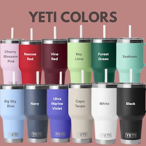 May include: A collection of YETI tumblers in various colors, including pink, red, green, blue, and black. Each tumbler has a silver lid and a white straw. The text "YETI COLORS" is displayed at the top.