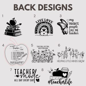May include: A collection of teacher-themed designs in black and white. Designs include stacks of books with an apple and art supplies, a rainbow with the words "Live Love Teach", a butterfly with text, an apple-shaped recipe, floral designs, and the phrases "Teacher Mode" and "#teacherlife".