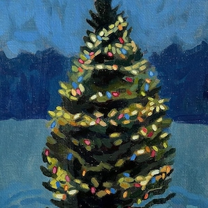 Cor do Natal por Maggie Hofmann - pintura acrílica de cena de árvore de inverno em Wyoming na neve mini impressão de pintura acrílica de alta qualidade