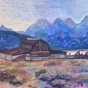 Nomeie esse celeiro por Maggie Hofmann - pintura acrílica de cena de celeiro em Wyoming mini impressão de pintura acrílica
