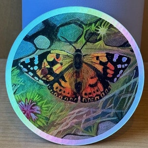 HOLOGRAPHIC butterfly circular sticker from original painting &quot;October Orange&quot; by Maggie Hofmann.