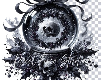 Gothic Christmas PNG Clipart, Skull Wreath Snow Globe, Dark Holiday Art, High Resolution Digital Art, Transparent Background, Commercial Use