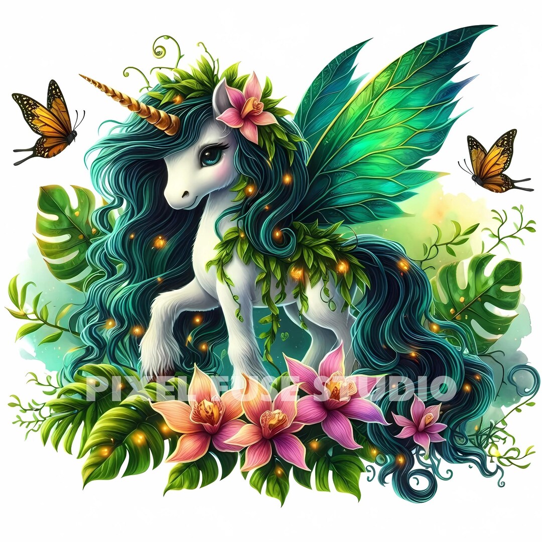 Tropical Jungle Unicorn Fairy Clipart, Fantasy Forest Pegasus PNG JPG ...