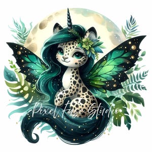 Fairy Leopard Unicorn Clipart JPG, Magical Jungle Pegasus Art, Green Fantasy Wings, Kawaii Nursery Decor, Scrapbooking Printables, PNG