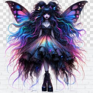 May include: A digital illustration of a fairy with long, flowing purple, blue, and pink hair. She is wearing a black dress with a rainbow gradient and black boots. She has large, iridescent butterfly wings.