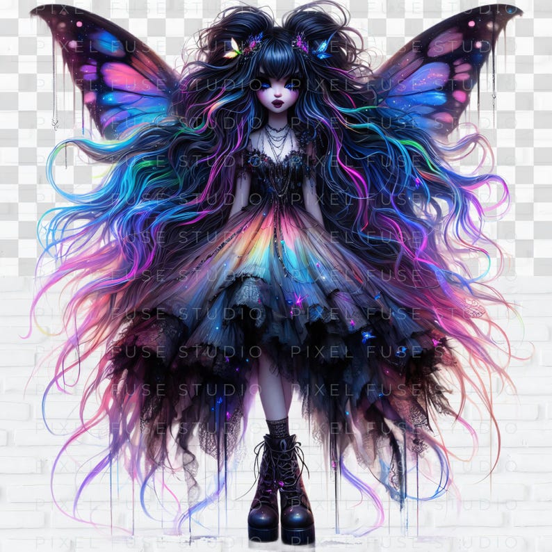 May include: A digital illustration of a fairy with long, flowing purple, blue, and pink hair. She is wearing a black dress with a rainbow gradient and black boots. She has large, iridescent butterfly wings.