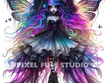 Gothic Fairy Clipart Dark Fantasy Butterfly Girl Digital Art Pastel Goth Aesthetic PNG JPG White Background Junk Journal Sublimation
