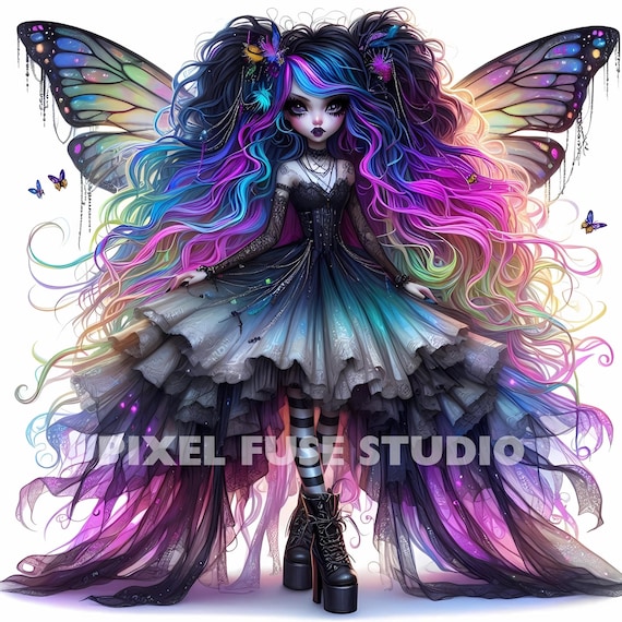 Gothic Fairy Clipart Dark Fantasy Butterfly Girl Digital Art Pastel Goth Aesthetic PNG JPG White Background Junk Journal Sublimation