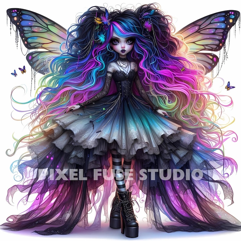 May include: A dark-haired fairy with iridescent wings and a black dress with a layered skirt. Her hair is styled in two pigtails with colourful streaks and she is wearing black boots. The background is white.