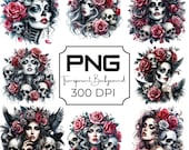 Gothic Skull Woman PNG Dark Roses Clipart Halloween Tattoo Flash Art Creepy Floral Sublimation Designs Edgy Aesthetic Transparent Background
