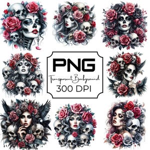 Gothic Skull Woman PNG Dark Roses Clipart Halloween Tattoo Flash Art Creepy Floral Sublimation Designs Edgy Aesthetic Transparent Background