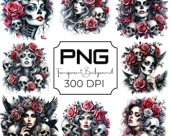 Gothic Skull Woman PNG Dark Roses Clipart Halloween Tattoo Flash Art Creepy Floral Sublimation Designs Edgy Aesthetic Transparent Background