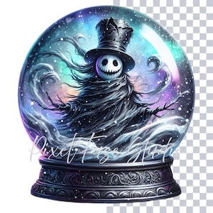 May include: A whimsical snow globe featuring a spooky character with a top hat and a wide grin. The character is surrounded by a swirling, colorful galaxy scene with a dark base. The text "Pixel Fuzo Studio" is visible.