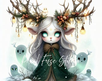 Dark Christmas Deer Clipart, Gothic Woodland JPG, Creepy Cute Holiday Art, Antler Spirit Girl, Spooky Xmas Decor, Commercial Use, 300 DPI
